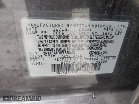 2014 Nissan Sentra S with VIN 3N1AB7AP0EL625403, listed as a Copart auction lot 55717405 with 90,143 mi miles and Clean Title. Bid and sale history available at DreamBid. Image 12.