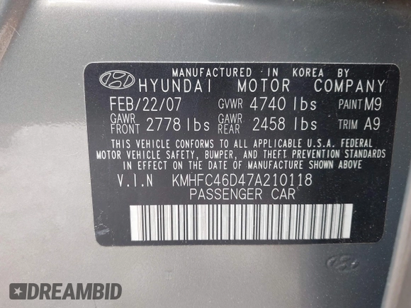2007 Hyundai Azera GLS with VIN KMHFC46D47A210118, listed as a IAAI auction lot 42092853 with 194,800 mi miles and . Bid and sale history available at DreamBid. Image 9.