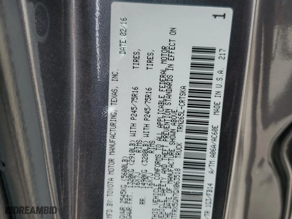 2016 Toyota Tacoma SR with VIN 5TFRX5GN7GX063518, listed as a Copart auction lot 49994655 with 139,825 mi miles and Salvage Title. Bid and sale history available at carsss.com. Image 12.