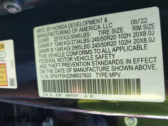 2022 Honda Pilot Special Edition with VIN 5FNYF5H22NB027603, listed as a IAAI auction lot 41651697 with 64,566 mi miles and . Bid and sale history available at carsss.com. Image 9.