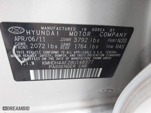 2011 Hyundai Elantra Ltd with VIN KMHDH4AE2BU148377, listed as a IAAI auction lot 41925933 with 189,669 mi miles. Bid and sale history available at carsss.com. Image 9.