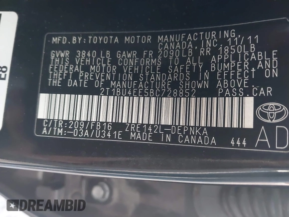 2011 Toyota Corolla L with VIN 2T1BU4EE5BC728852, listed as a IAAI auction lot 41888572 with 1 mi miles. Bid and sale history available at carsss.com. Image 9.