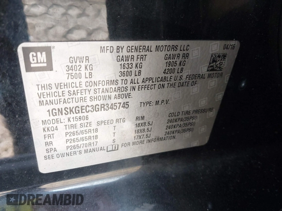 2016 Chevrolet Suburban LS with VIN 1GNSKGEC3GR345745, listed as a IAAI auction lot 41619182 with 233,910 mi miles. Bid and sale history available at carsss.com. Image 9.