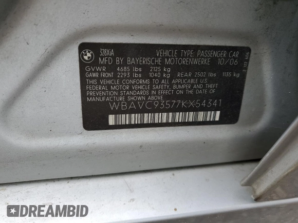 2007 BMW 3 Series 328xi с VIN WBAVC93577KX54341, выставлен на аукционе Copart как лот 54558175 с пробегом 138 809 миль миль и Списание • Salvage title. История ставок и продаж доступна на DreamBid. Изображение 12.