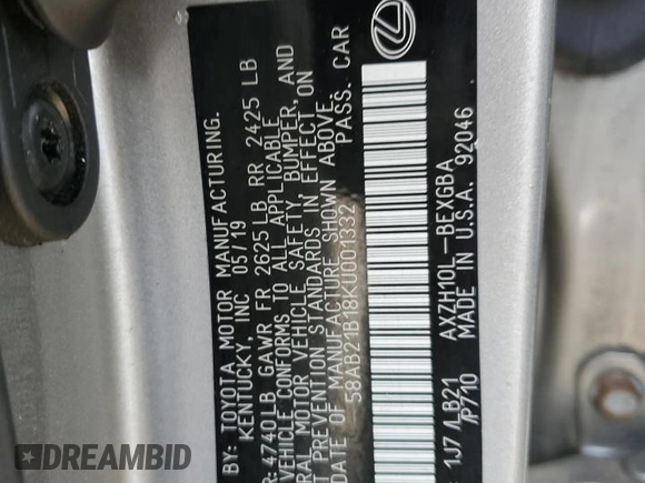 2019 Lexus ES 300h с VIN 58AB21B18KU001332, выставлен на аукционе Copart как лот 57585195 с пробегом Не указан миль и Чистый • Clean title. История ставок и продаж доступна на DreamBid. Изображение 12.