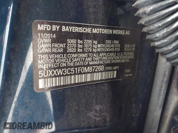 2015 BMW X4 xDrive28i with VIN 5UXXW3C51F0M87268, listed as a IAAI auction lot 42366363 with 143,285 mi miles and . Bid and sale history available at DreamBid. Image 9.