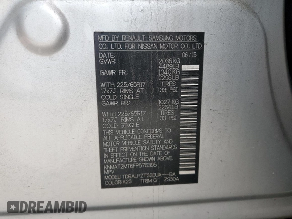 2015 Nissan Rogue SV with VIN KNMAT2MT6FP576395, listed as a Copart auction lot 54565935 with 143,259 mi miles and Salvage Title. Bid and sale history available at DreamBid. Image 14.