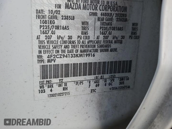 2003 Mazda Tribute LX with VIN 4F2CZ94133KM19916, listed as a Copart auction lot 73718284 with 151,644 mi miles and Salvage Title. Bid and sale history available at DreamBid. Image 13.