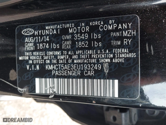 2014 Hyundai Accent GS with VIN KMHCT5AE3EU193249, listed as a IAAI auction lot 41973614 with 136,655 mi miles. Bid and sale history available at carsss.com. Image 9.