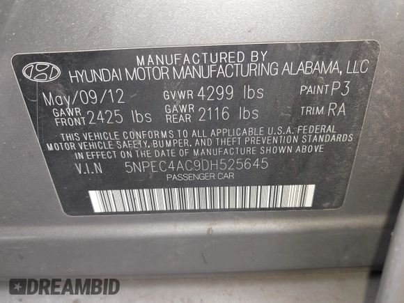 2013 Hyundai Sonata Limited with VIN 5NPEC4AC9DH525645, listed as a IAAI auction lot 42037718 with 248,840 mi miles and . Bid and sale history available at DreamBid. Image 9.