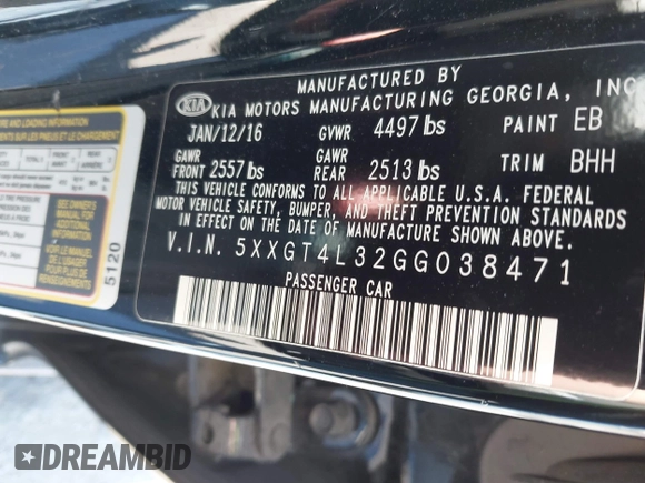 2016 Kia Optima LX with VIN 5XXGT4L32GG038471, listed as a IAAI auction lot 42614892 with 102,781 mi miles and . Bid and sale history available at DreamBid. Image 9.