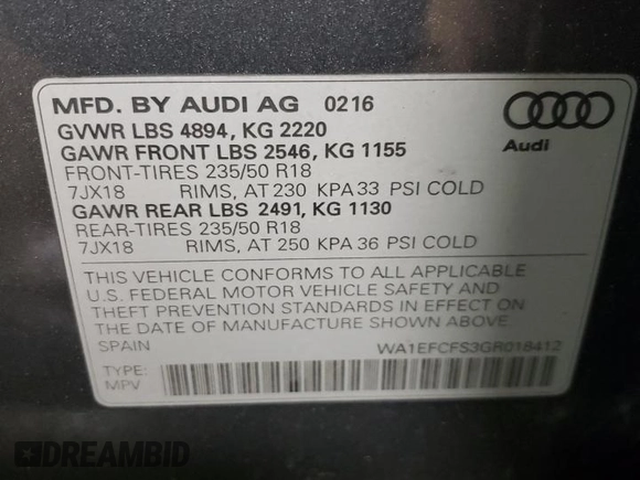 2016 Audi Q3 Premium Plus with VIN WA1EFCFS3GR018412, listed as a Copart auction lot 71663782 with 19,071 mi miles. Bid and sale history available at carsss.com. Image 12.