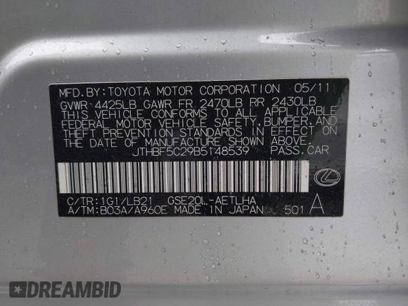 2011 Lexus IS 250 with VIN JTHBF5C29B5148539, listed as a IAAI auction lot 41802299 with 130,629 mi miles and . Bid and sale history available at DreamBid. Image 9.
