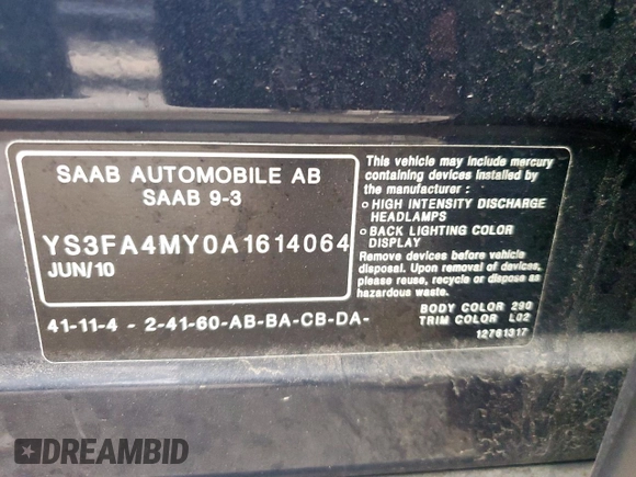 2010 Saab 9-3 z VIN YS3FA4MY0A1614064, wystawiony jako Copart lot #57460515 z przebiegiem 162 650 mil mil oraz Czysty tytuł • Clean title. Historia ofert i sprzedaży dostępna na DreamBid. Obrazek 12.