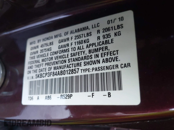 2010 Honda Accord Sdn EX-L with VIN 5KBCP3F84AB012857, listed as a IAAI auction lot 41999590 with 287,078 mi miles. Bid and sale history available at carsss.com. Image 9.
