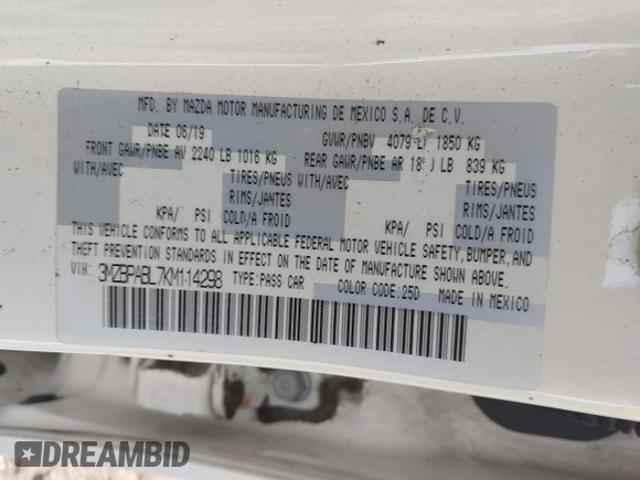 2019 Mazda 3 with VIN 3MZBPABL7KM114298, listed as a IAAI auction lot 42536800 with 53,598 mi miles and . Bid and sale history available at DreamBid. Image 9.