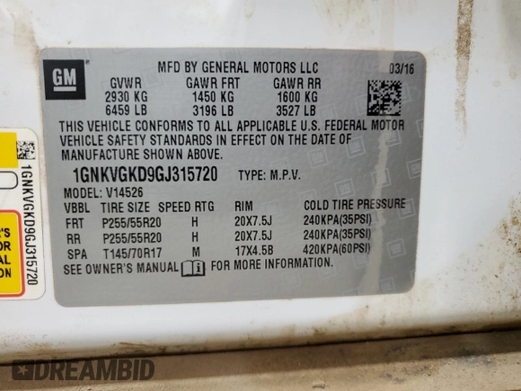 2016 Chevrolet Traverse LT with VIN 1GNKVGKD9GJ315720, listed as a Copart auction lot 46350995 with 140,297 mi miles and Salvage Title. Bid and sale history available at DreamBid. Image 15.