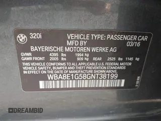 2016 BMW 3 Series 320i with VIN WBA8E1G58GNT38199, listed as a IAAI auction lot 42030548 with 116,179 mi miles and . Bid and sale history available at carsss.com. Image 9.