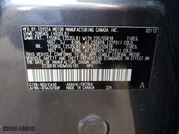 2013 Toyota RAV4 Limited with VIN 2T3DFREV8DW006185, listed as a Copart auction lot 52987765 with 181,185 mi miles and Salvage Title. Bid and sale history available at carsss.com. Image 12.