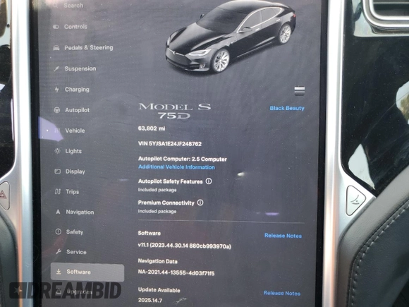 2018 Tesla Model S 75D с VIN 5YJSA1E24JF248762, выставлен на аукционе Copart как лот 61501075 с пробегом 63 802 миль миль и Списание • Salvage title. История ставок и продаж доступна на DreamBid. Изображение 9.