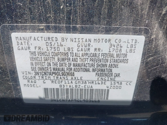 2016 Nissan Versa S Plus z VIN 3N1CN7AP9GL903668, wystawiony jako IAAI lot #42582825 z przebiegiem 192 674 mil mil oraz . Historia ofert i sprzedaży dostępna na DreamBid. Obrazek 9.