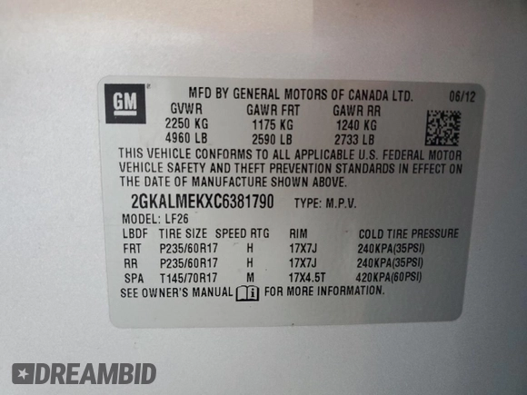 2012 GMC Terrain SLE-1 with VIN 2GKALMEKXC6381790, listed as a Copart auction lot 61859465 with 145,441 mi miles and Salvage title. Bid and sale history available at DreamBid. Image 13.