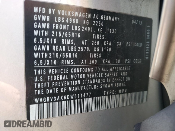 2013 Volkswagen Tiguan S z VIN WVGBV3AX6DW611477, wystawiony jako Copart lot #82567264 z przebiegiem 139 210 mil mil oraz Szkoda całkowita • Salvage title. Historia ofert i sprzedaży dostępna na DreamBid. Obrazek 14.