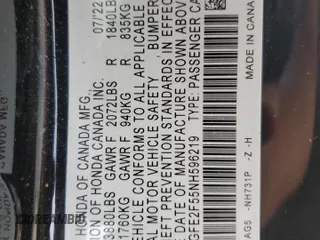 2022 Honda Civic Sport z VIN 2HGFE2F55NH596219, wystawiony jako Copart lot #52957265 z przebiegiem 30 996 mil mil oraz Szkoda całkowita • Salvage title. Historia ofert i sprzedaży dostępna na DreamBid. Obrazek 12.