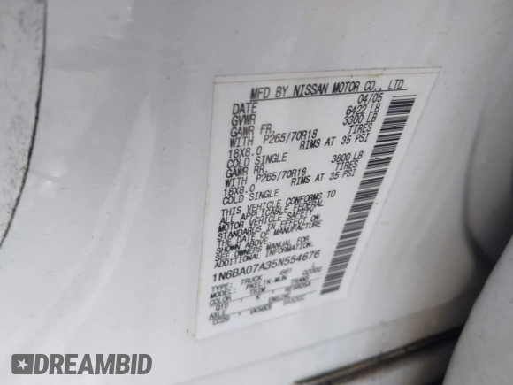 2005 Nissan Titan SE z VIN 1N6BA07A35N554676, wystawiony jako IAAI lot #42593107 z przebiegiem 200 541 mil mil oraz . Historia ofert i sprzedaży dostępna na DreamBid. Obrazek 9.