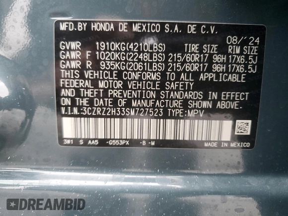 2025 Honda HR-V LX with VIN 3CZRZ2H33SM727523, listed as a Copart auction lot 52338715 with 1,365 mi miles and Non repairable. Bid and sale history available at DreamBid. Image 14.