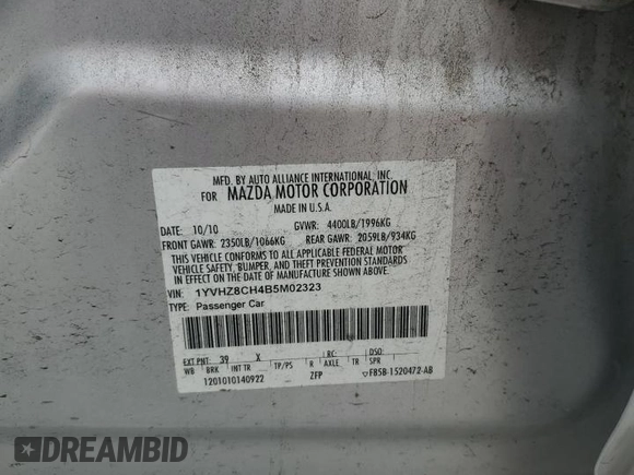 2011 Mazda 6 i Grand Touring with VIN 1YVHZ8CH4B5M02323, listed as a Copart auction lot 59375505 with 211,404 mi miles and Salvage title. Bid and sale history available at DreamBid. Image 12.