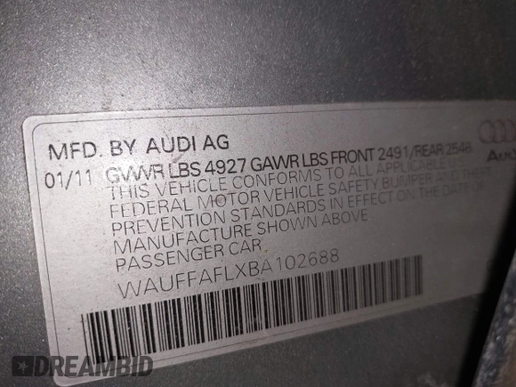 2011 Audi A4 Premium Plus с VIN WAUFFAFLXBA102688, выставлен на аукционе IAAI как лот 42434639 с пробегом 113 495 миль миль и . История ставок и продаж доступна на DreamBid. Изображение 9.
