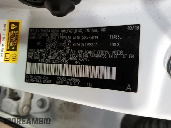 2018 Toyota Highlander SE with VIN 5TDJZRFHXJS542815, listed as a Copart auction lot 57304995 with 124,052 mi miles and Salvage title. Bid and sale history available at DreamBid. Image 13.