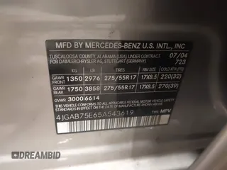 2005 Mercedes-Benz M 500 z VIN 4JGAB75E65A543619, wystawiony jako IAAI lot #41619220 z przebiegiem 140 485 mil mil oraz . Historia ofert i sprzedaży dostępna na DreamBid. Obrazek 9.