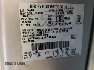 2003 Ford F-150 XLT with VIN 1FTRW07663KD78428, listed as a Copart auction lot 52673764 with 201,309 mi miles and Non Repairable. Bid and sale history available at carsss.com. Image 12.