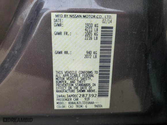 2014 Nissan Altima 2.5 with VIN 1N4AL3AP0EC287392, listed as a Copart auction lot 52261105 with 186,682 mi miles and Salvage Title. Bid and sale history available at carsss.com. Image 15.