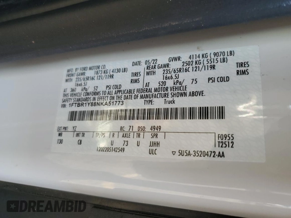 2022 Ford Transit Cargo with VIN 1FTBR1Y88NKA51773, listed as a Copart auction lot 40911324 with 162,221 mi miles and . Bid and sale history available at DreamBid. Image 14.
