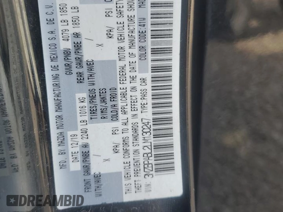 2020 Mazda 3 z VIN 3MZBPABL2LM130247, wystawiony jako Copart lot #58464105 z przebiegiem 54 571 mil mil oraz Szkoda całkowita • Salvage title. Historia ofert i sprzedaży dostępna na DreamBid. Obrazek 13.