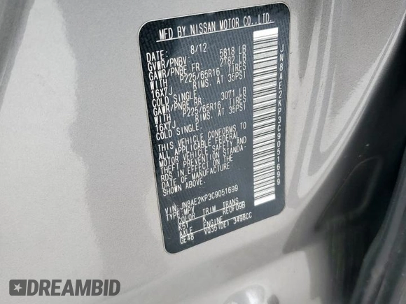 2012 Nissan Quest SL with VIN JN8AE2KP3C9051699, listed as a Copart auction lot 53310165 with 208,183 mi miles and Clean Title. Bid and sale history available at carsss.com. Image 14.