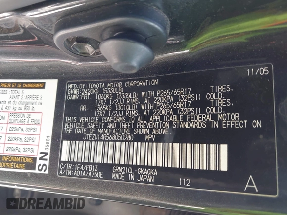 2006 Toyota 4Runner SR5 with VIN JTEZU14R568050280, listed as a IAAI auction lot 41843489 with 143,984 mi miles and . Bid and sale history available at DreamBid. Image 9.