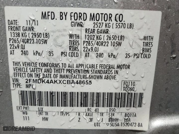 2012 Ford Edge Sport with VIN 2FMDK4AKXCBA48655, listed as a Copart auction lot 43561175 with 240,350 mi miles and Clean Title. Bid and sale history available at carsss.com. Image 13.