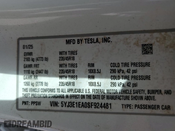 2025 Tesla Model 3 Long Range z VIN 5YJ3E1EA0SF924481, wystawiony jako Copart lot #50844985 z przebiegiem Nie podano mil oraz Szkoda całkowita • Salvage title. Historia ofert i sprzedaży dostępna na DreamBid. Obrazek 12.