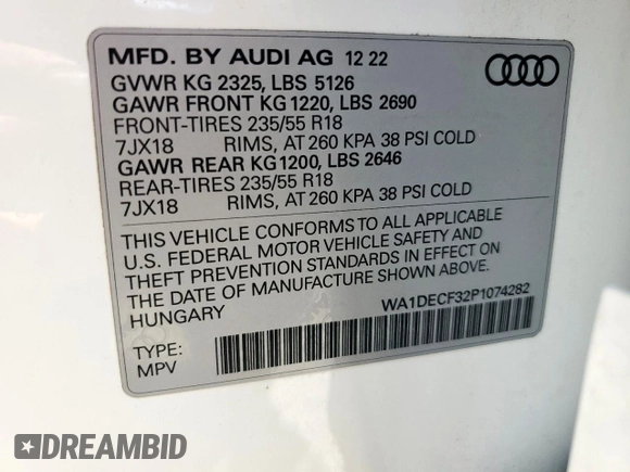 2023 Audi Q3 S line Premium with VIN WA1DECF32P1074282, listed as a Copart auction lot 58596045 with 52,392 mi miles and Salvage title. Bid and sale history available at DreamBid. Image 13.