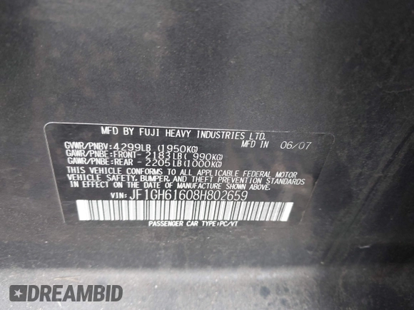 2008 Subaru Impreza i с VIN JF1GH61608H802659, выставлен на аукционе IAAI как лот 42088451 с пробегом 195 863 миль миль и . История ставок и продаж доступна на DreamBid. Изображение 9.