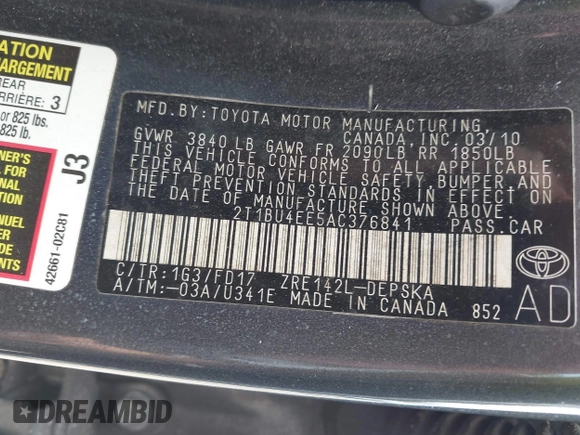 2010 Toyota Corolla with VIN 2T1BU4EE5AC376841, listed as a IAAI auction lot 42120733 with 209,381 mi miles and . Bid and sale history available at DreamBid. Image 9.