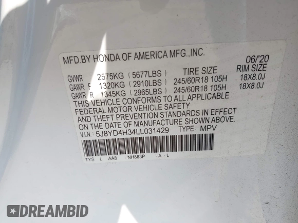 2020 Acura MDX with VIN 5J8YD4H34LL031429, listed as a IAAI auction lot 42422159 with 33,890 mi miles and . Bid and sale history available at DreamBid. Image 9.