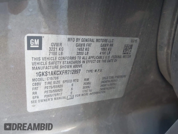 2015 GMC Yukon SLE with VIN 1GKS1AKCXFR712897, listed as a IAAI auction lot 41357889 with 1 mi miles. Bid and sale history available at carsss.com. Image 9.