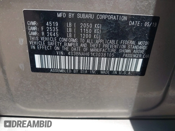 2019 Subaru Legacy Premium with VIN 4S3BNAH61K3038105, listed as a IAAI auction lot 42021989 with 61,710 mi miles and . Bid and sale history available at DreamBid. Image 9.