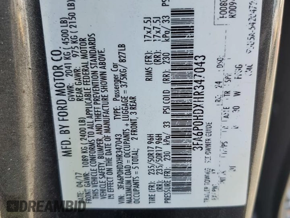 2017 Ford Fusion SE with VIN 3FA6P0HDXHR347043, listed as a Copart auction lot 51350395 with 103,332 mi miles and Salvage Title. Bid and sale history available at carsss.com. Image 14.
