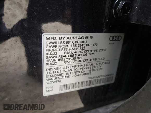 2019 Audi Q7 Prestige z VIN WA1VAAF77KD047609, wystawiony jako Copart lot #51421255 z przebiegiem 41 034 mil mil oraz Szkoda całkowita • Salvage title. Historia ofert i sprzedaży dostępna na DreamBid. Obrazek 14.